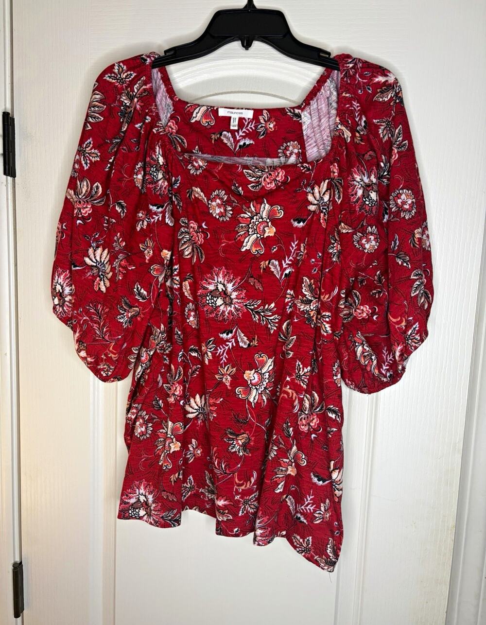 NWT Maurices Red Floral Puff Sleeve Top Womens 2X Cotton Square Neck Blouse